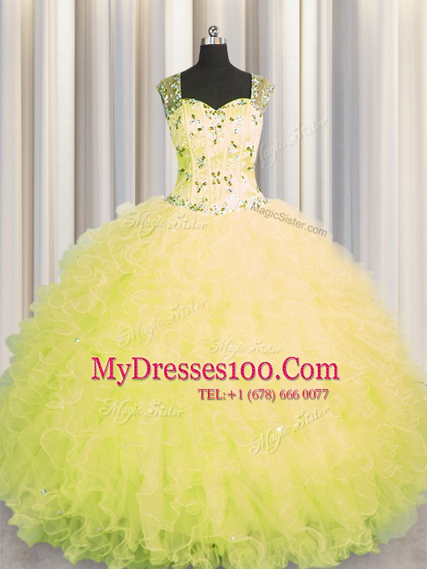 Colorful See Through Zipper Up Yellow Ball Gowns Tulle Straps Sleeveless Beading and Ruffles Floor Length Zipper Quinceanera Dress