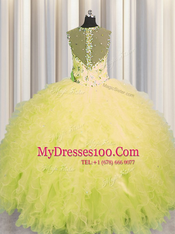 Colorful See Through Zipper Up Yellow Ball Gowns Tulle Straps Sleeveless Beading and Ruffles Floor Length Zipper Quinceanera Dress