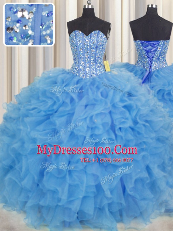 Superior Visible Boning Organza Sweetheart Sleeveless Lace Up Beading and Ruffles and Sashes ribbons Quinceanera Dress in Baby Blue