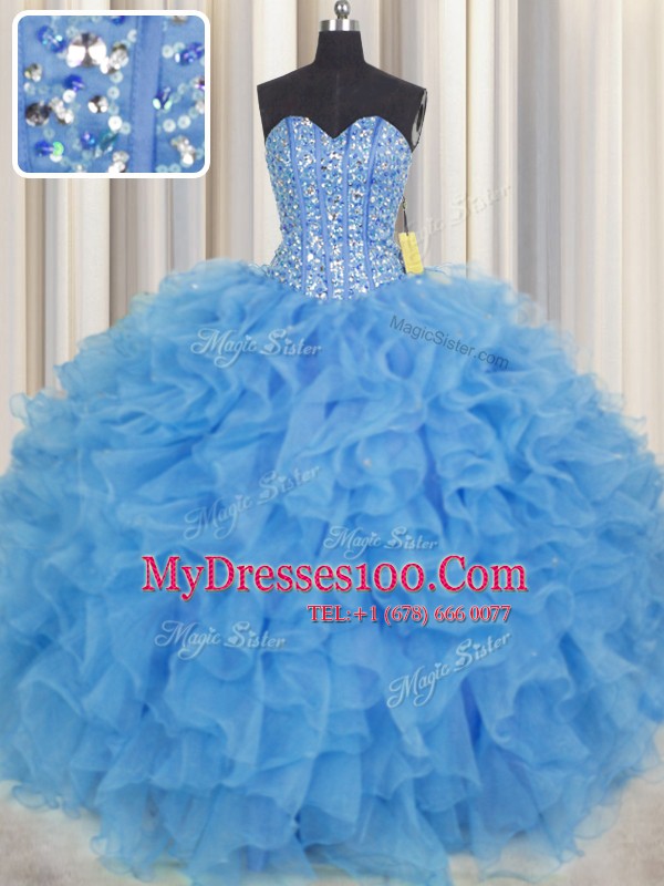 Superior Visible Boning Organza Sweetheart Sleeveless Lace Up Beading and Ruffles and Sashes ribbons Quinceanera Dress in Baby Blue