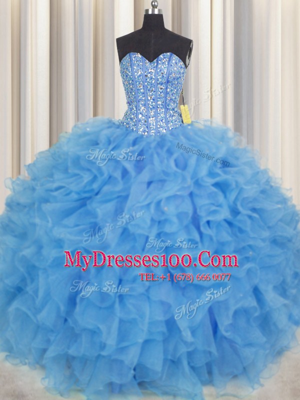 Superior Visible Boning Organza Sweetheart Sleeveless Lace Up Beading and Ruffles and Sashes ribbons Quinceanera Dress in Baby Blue