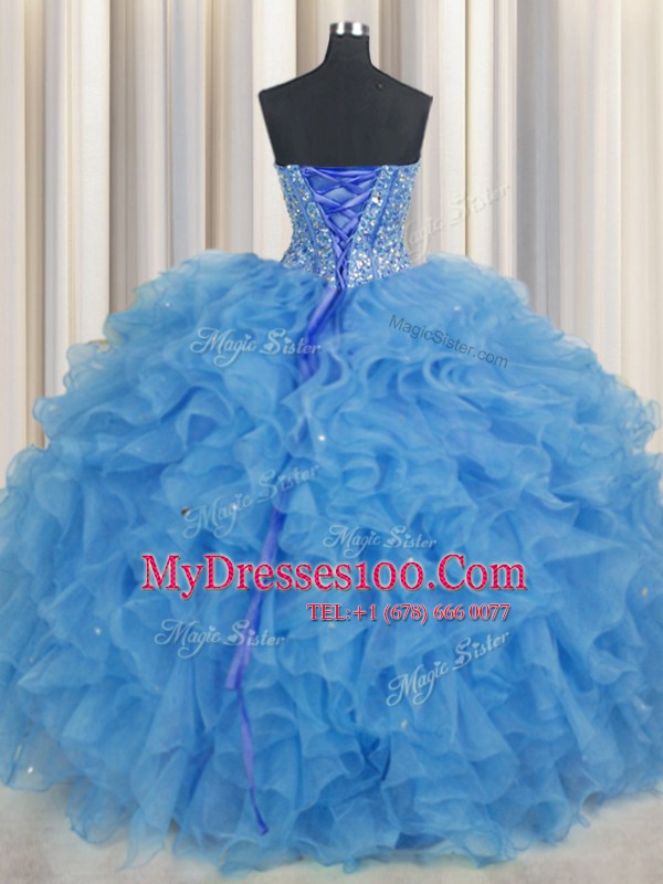 Superior Visible Boning Organza Sweetheart Sleeveless Lace Up Beading and Ruffles and Sashes ribbons Quinceanera Dress in Baby Blue