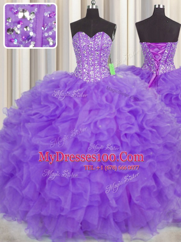 Modern Visible Boning Sweetheart Sleeveless 15th Birthday Dress Floor Length Lace and Ruffles and Sashes ribbons Purple Organza