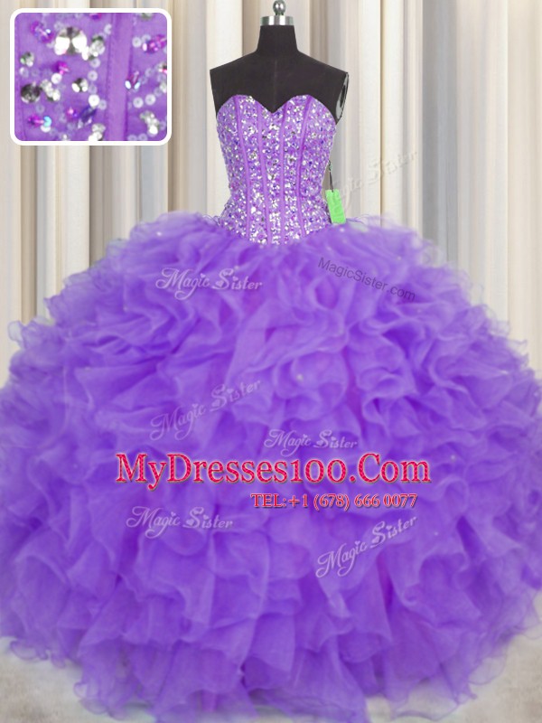 Modern Visible Boning Sweetheart Sleeveless 15th Birthday Dress Floor Length Lace and Ruffles and Sashes ribbons Purple Organza