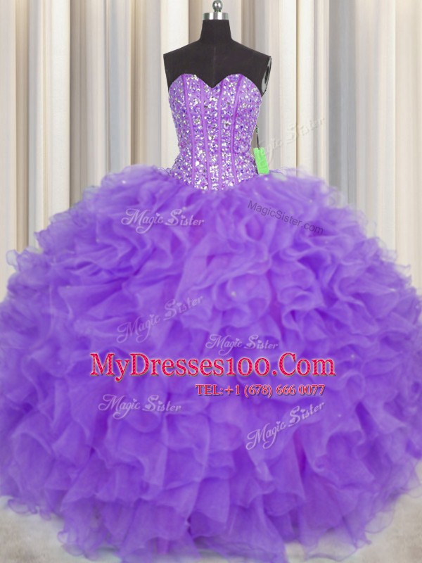 Modern Visible Boning Sweetheart Sleeveless 15th Birthday Dress Floor Length Lace and Ruffles and Sashes ribbons Purple Organza