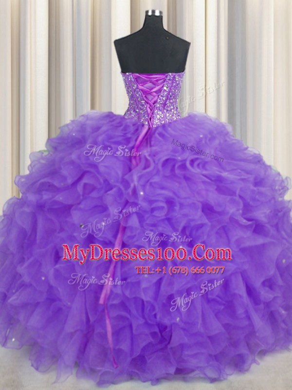 Modern Visible Boning Sweetheart Sleeveless 15th Birthday Dress Floor Length Lace and Ruffles and Sashes ribbons Purple Organza
