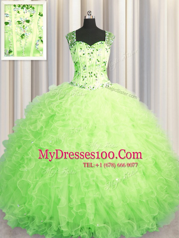 High End See Through Zipper Up Tulle Sleeveless Floor Length Ball Gown Prom Dress and Beading and Ruffles