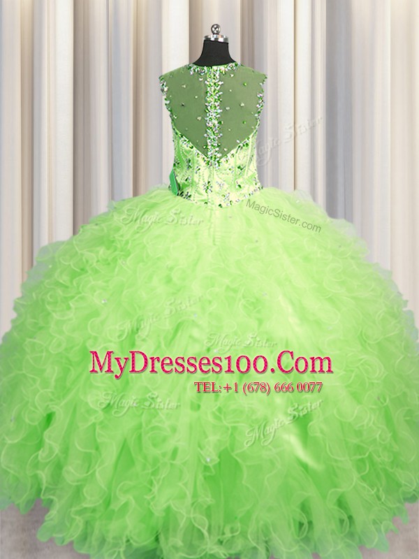 High End See Through Zipper Up Tulle Sleeveless Floor Length Ball Gown Prom Dress and Beading and Ruffles