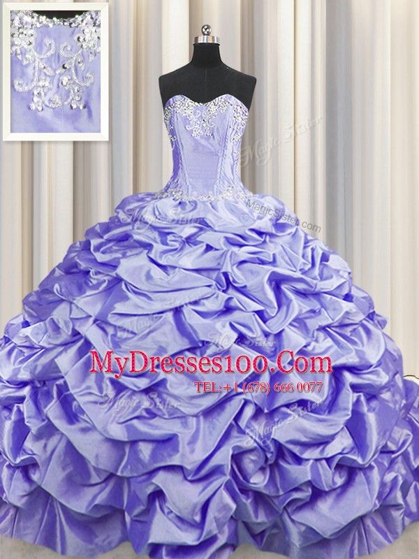 Delicate Pick Ups Brush Train Lavender Sleeveless Taffeta Sweep Train Lace Up Sweet 16 Dress for Military Ball and Sweet 16