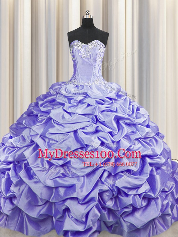 Delicate Pick Ups Brush Train Lavender Sleeveless Taffeta Sweep Train Lace Up Sweet 16 Dress for Military Ball and Sweet 16
