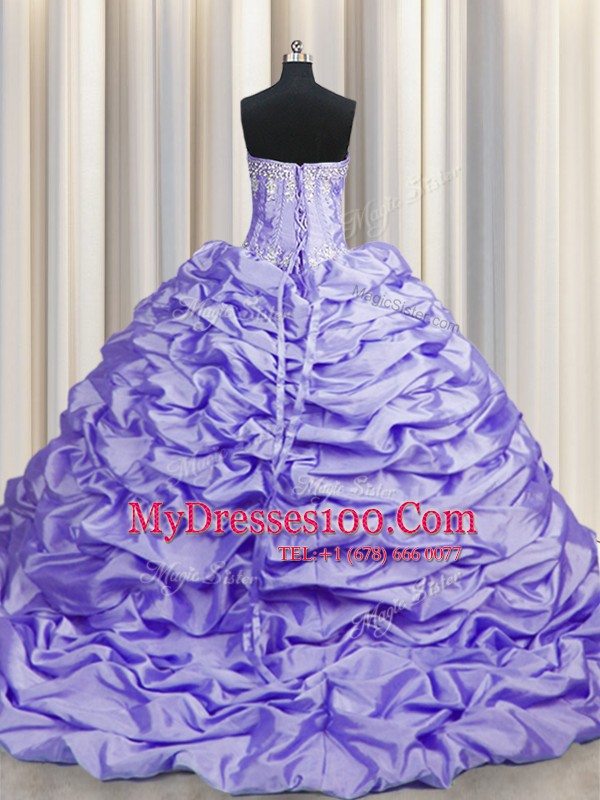 Delicate Pick Ups Brush Train Lavender Sleeveless Taffeta Sweep Train Lace Up Sweet 16 Dress for Military Ball and Sweet 16