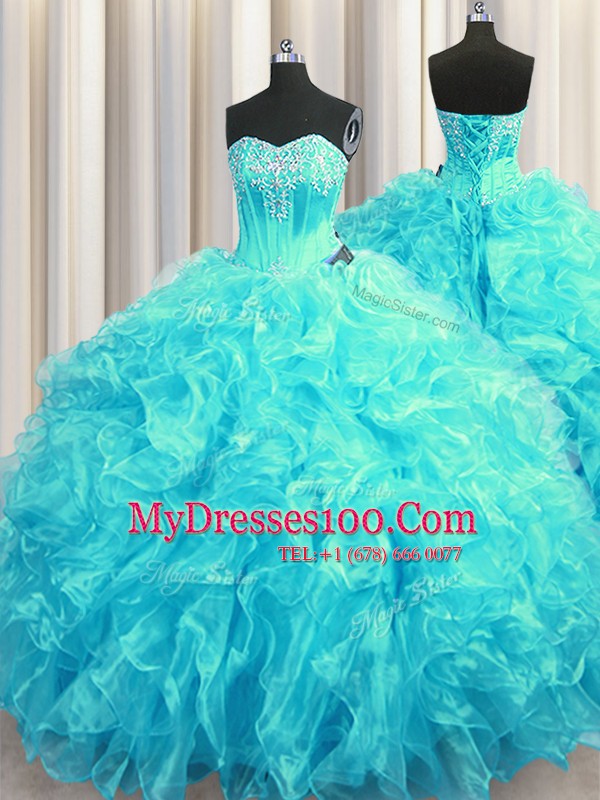 Beading and Ruffles Sweet 16 Quinceanera Dress Aqua Blue Lace Up Sleeveless Brush Train