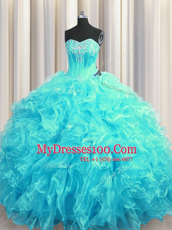 Beading and Ruffles Sweet 16 Quinceanera Dress Aqua Blue Lace Up Sleeveless Brush Train