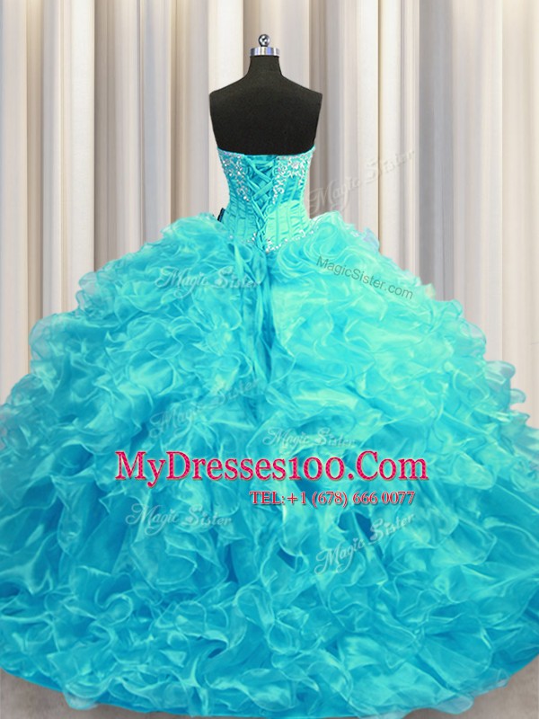 Beading and Ruffles Sweet 16 Quinceanera Dress Aqua Blue Lace Up Sleeveless Brush Train
