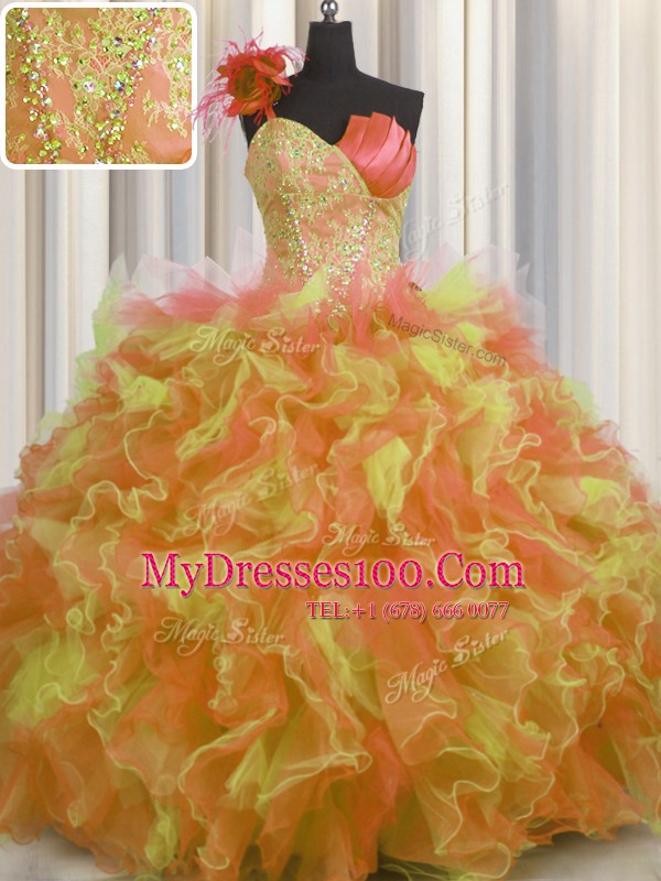 Modest One Shoulder Handcrafted Flower Multi-color Ball Gowns Beading and Ruffles and Hand Made Flower 15 Quinceanera Dress Lace Up Tulle Sleeveless Floor Length