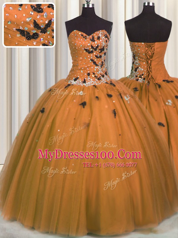 Artistic Rust Red Tulle Lace Up Sweetheart Sleeveless Floor Length Sweet 16 Dresses Beading and Appliques