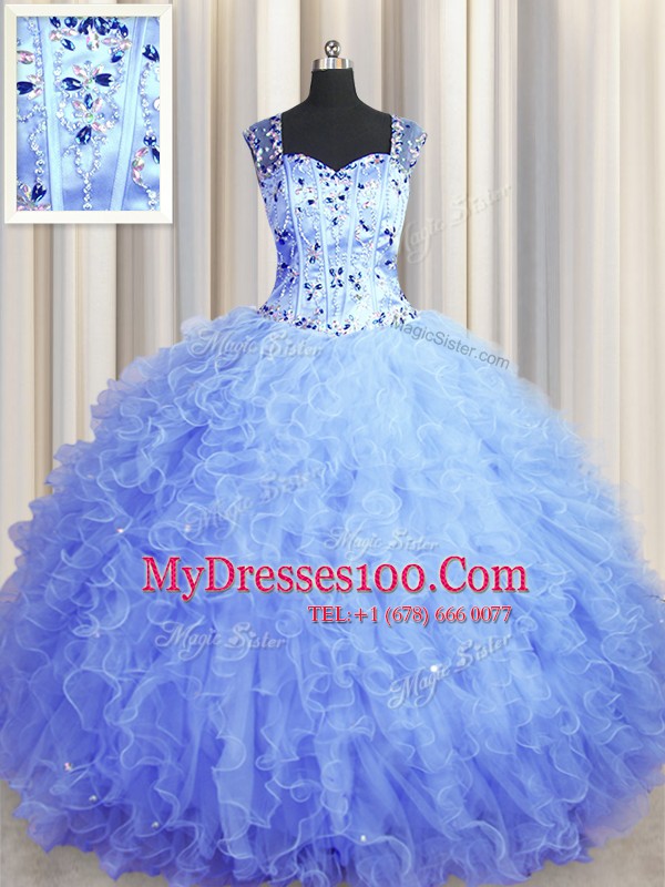 Cute See Through Zipper Up Light Blue Sleeveless Beading and Ruffles Floor Length Sweet 16 Dresses