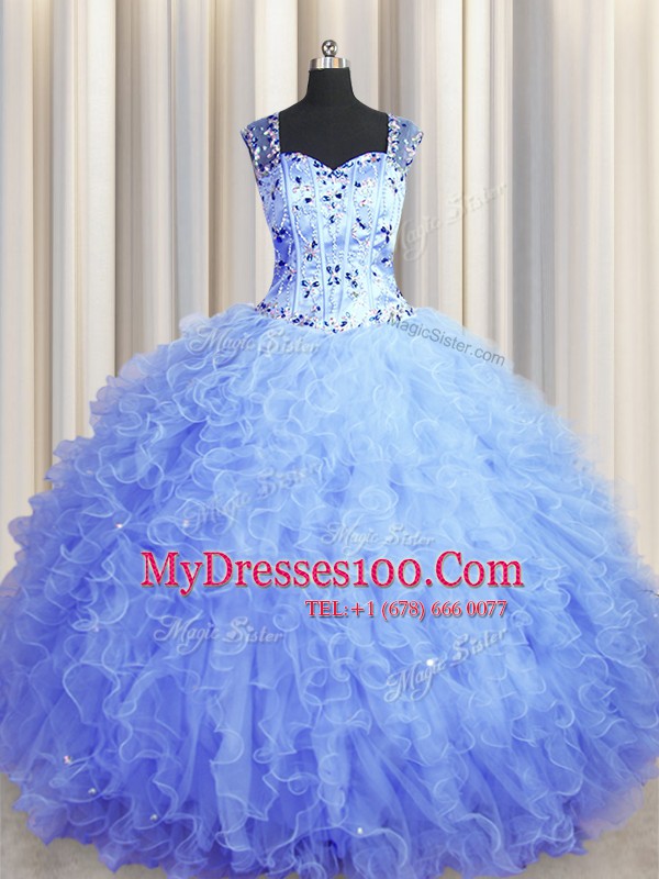 Cute See Through Zipper Up Light Blue Sleeveless Beading and Ruffles Floor Length Sweet 16 Dresses