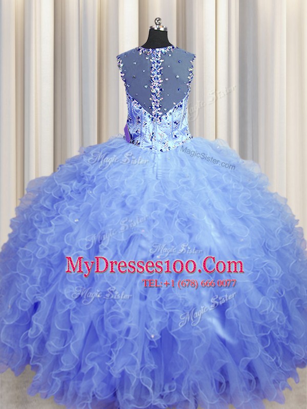 Cute See Through Zipper Up Light Blue Sleeveless Beading and Ruffles Floor Length Sweet 16 Dresses