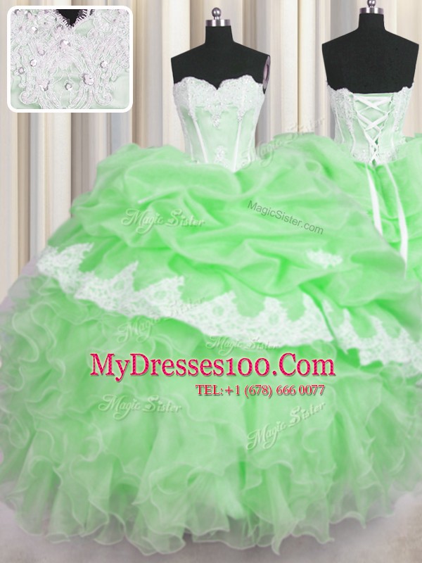 Sweetheart Sleeveless Organza Quinceanera Dress Beading and Appliques and Ruffles and Pick Ups Lace Up