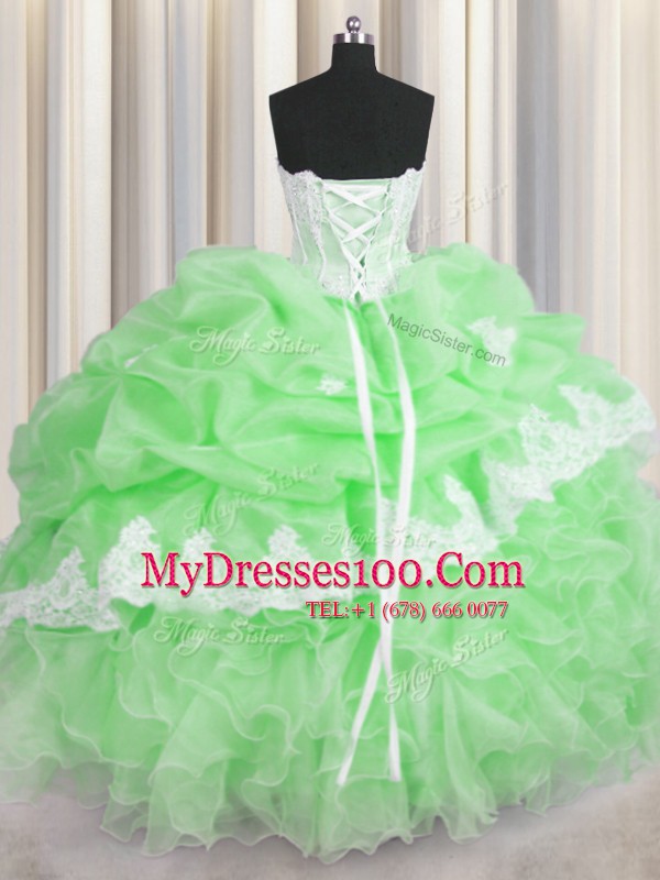 Sweetheart Sleeveless Organza Quinceanera Dress Beading and Appliques and Ruffles and Pick Ups Lace Up