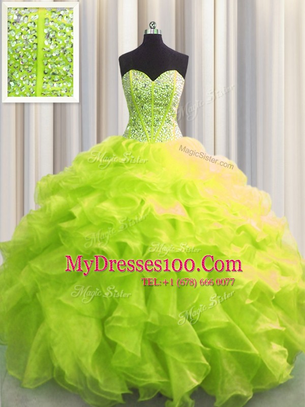 Artistic Visible Boning Organza Sleeveless Floor Length Quinceanera Gowns and Beading and Ruffles
