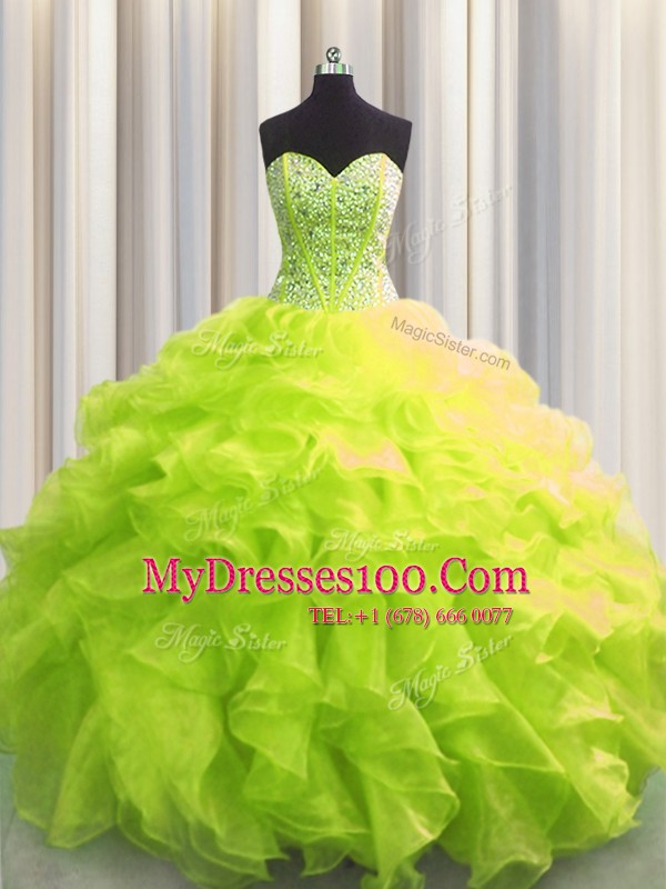 Artistic Visible Boning Organza Sleeveless Floor Length Quinceanera Gowns and Beading and Ruffles