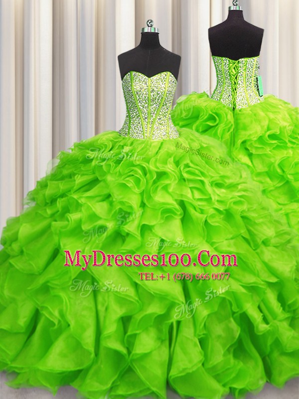 Visible Boning Sweetheart Lace Up Beading and Ruffles Sweet 16 Dress Sleeveless
