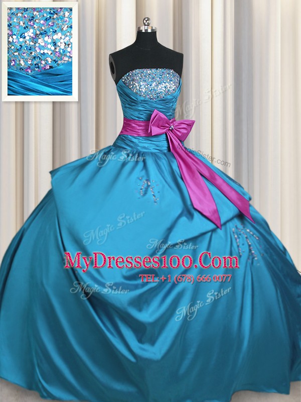 Sleeveless Taffeta Floor Length Lace Up Ball Gown Prom Dress in Teal with Beading and Ruching and Bowknot