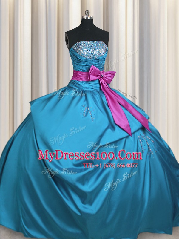 Sleeveless Taffeta Floor Length Lace Up Ball Gown Prom Dress in Teal with Beading and Ruching and Bowknot