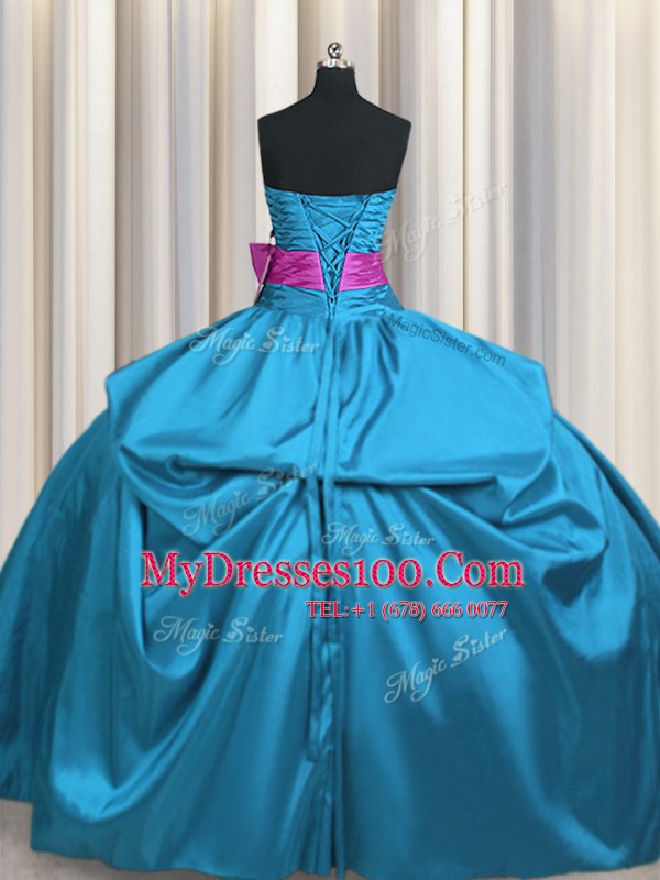 Sleeveless Taffeta Floor Length Lace Up Ball Gown Prom Dress in Teal with Beading and Ruching and Bowknot