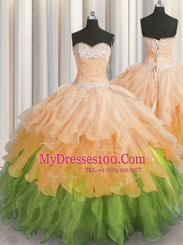 Organza Sweetheart Sleeveless Lace Up Beading and Ruffles and Ruffled Layers and Sequins Quinceanera Gown in Multi-color