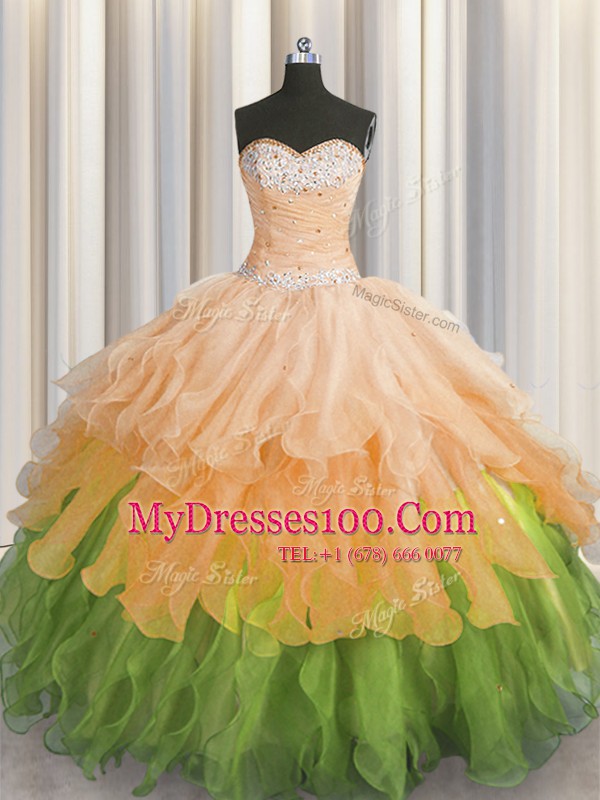 Organza Sweetheart Sleeveless Lace Up Beading and Ruffles and Ruffled Layers and Sequins Quinceanera Gown in Multi-color