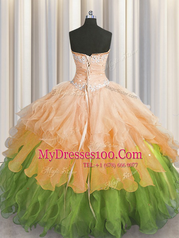 Organza Sweetheart Sleeveless Lace Up Beading and Ruffles and Ruffled Layers and Sequins Quinceanera Gown in Multi-color
