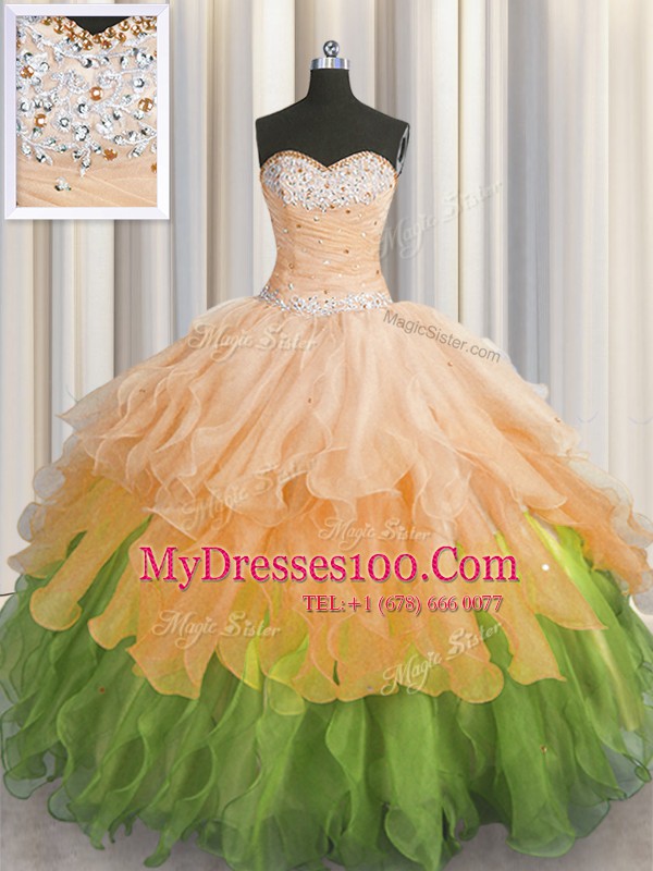 Organza Sweetheart Sleeveless Lace Up Beading and Ruffles and Ruffled Layers and Sequins Quinceanera Gown in Multi-color
