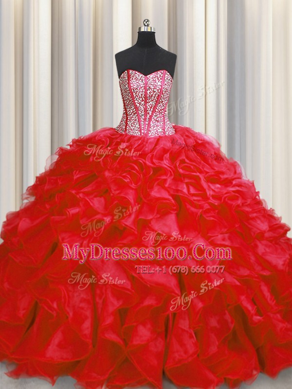 Sweet Visible Boning Sleeveless Floor Length Beading and Ruffles Lace Up Quinceanera Dresses with Red