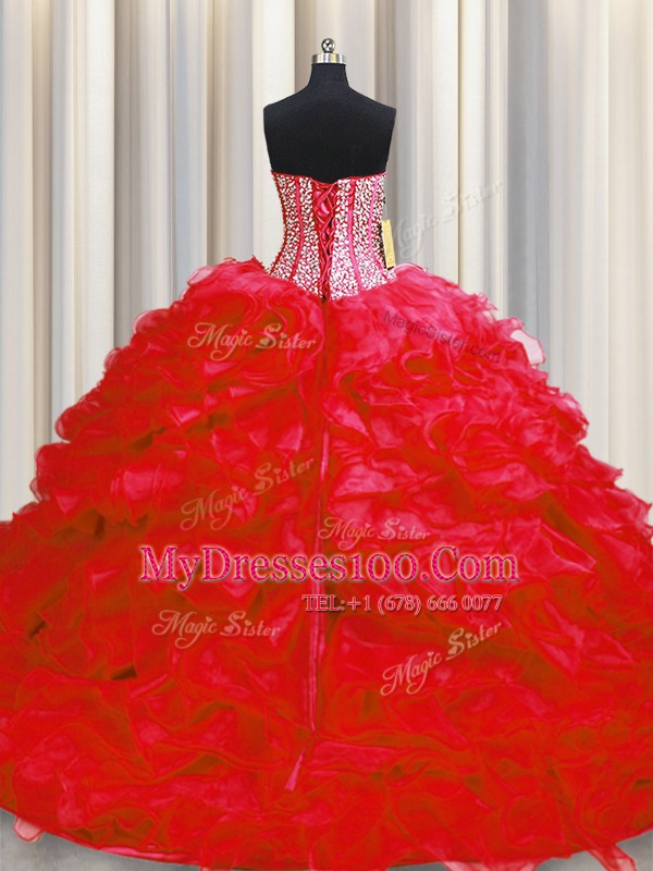 Sweet Visible Boning Sleeveless Floor Length Beading and Ruffles Lace Up Quinceanera Dresses with Red