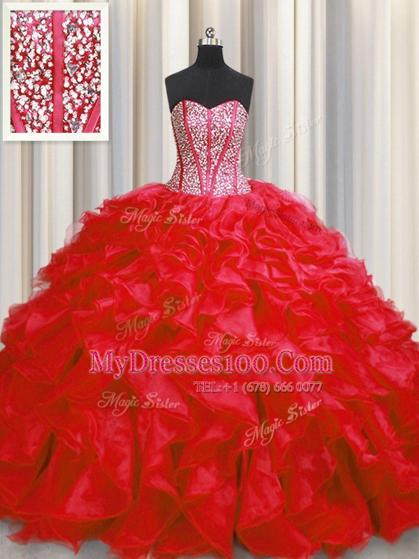 Sweet Visible Boning Sleeveless Floor Length Beading and Ruffles Lace Up Quinceanera Dresses with Red