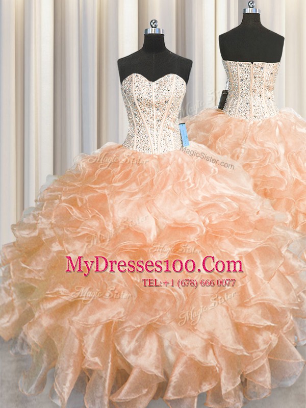 Beautiful Visible Boning Zipper Up Peach Organza Zipper Sweetheart Sleeveless Floor Length Sweet 16 Quinceanera Dress Beading and Ruffles