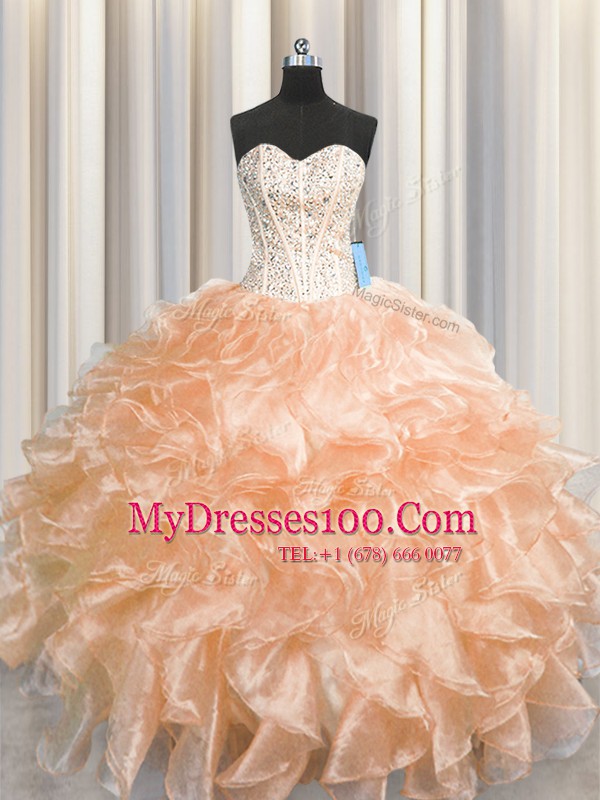 Beautiful Visible Boning Zipper Up Peach Organza Zipper Sweetheart Sleeveless Floor Length Sweet 16 Quinceanera Dress Beading and Ruffles