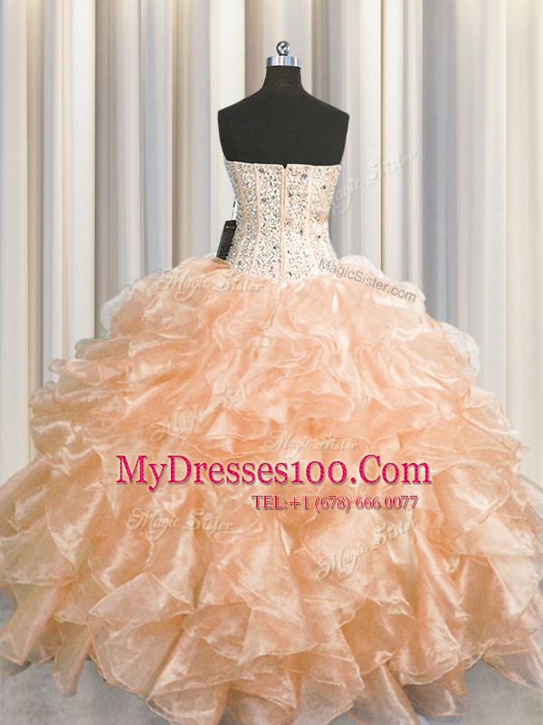 Beautiful Visible Boning Zipper Up Peach Organza Zipper Sweetheart Sleeveless Floor Length Sweet 16 Quinceanera Dress Beading and Ruffles