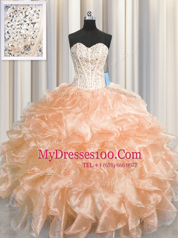 Beautiful Visible Boning Zipper Up Peach Organza Zipper Sweetheart Sleeveless Floor Length Sweet 16 Quinceanera Dress Beading and Ruffles