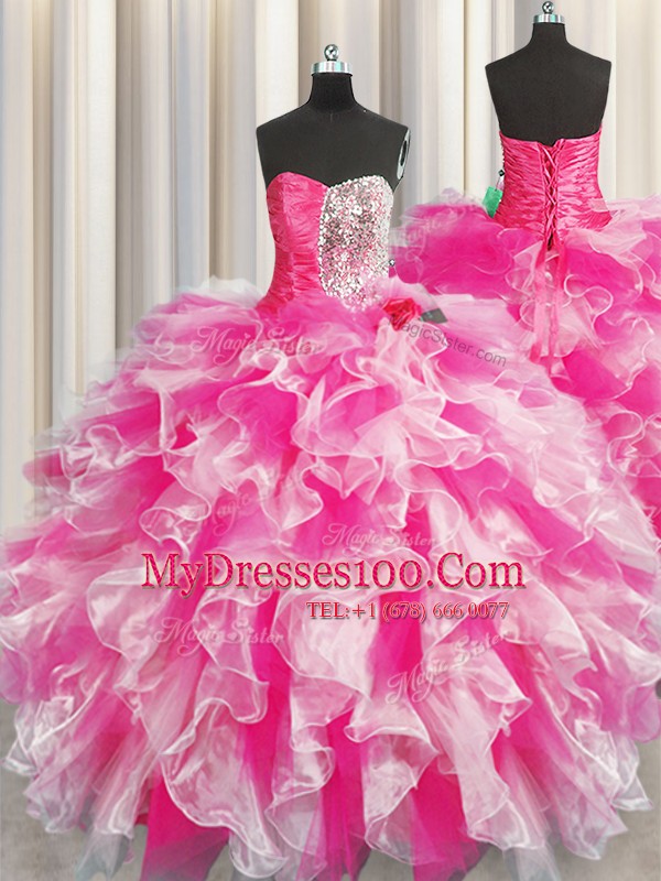 Designer Pink And White Sleeveless Organza Lace Up Sweet 16 Dresses for Military Ball and Sweet 16 and Quinceanera