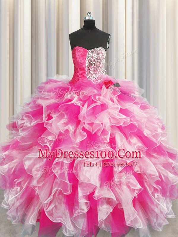 Designer Pink And White Sleeveless Organza Lace Up Sweet 16 Dresses for Military Ball and Sweet 16 and Quinceanera