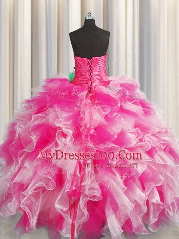 Designer Pink And White Sleeveless Organza Lace Up Sweet 16 Dresses for Military Ball and Sweet 16 and Quinceanera
