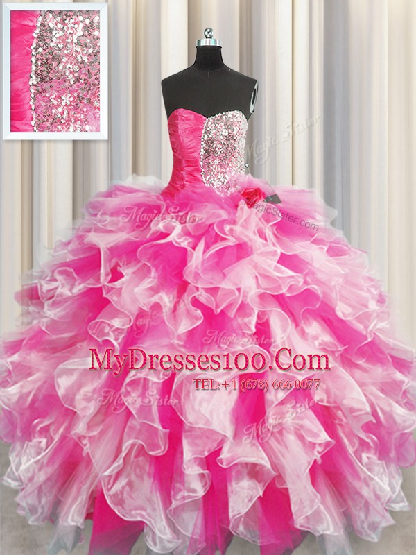 Designer Pink And White Sleeveless Organza Lace Up Sweet 16 Dresses for Military Ball and Sweet 16 and Quinceanera