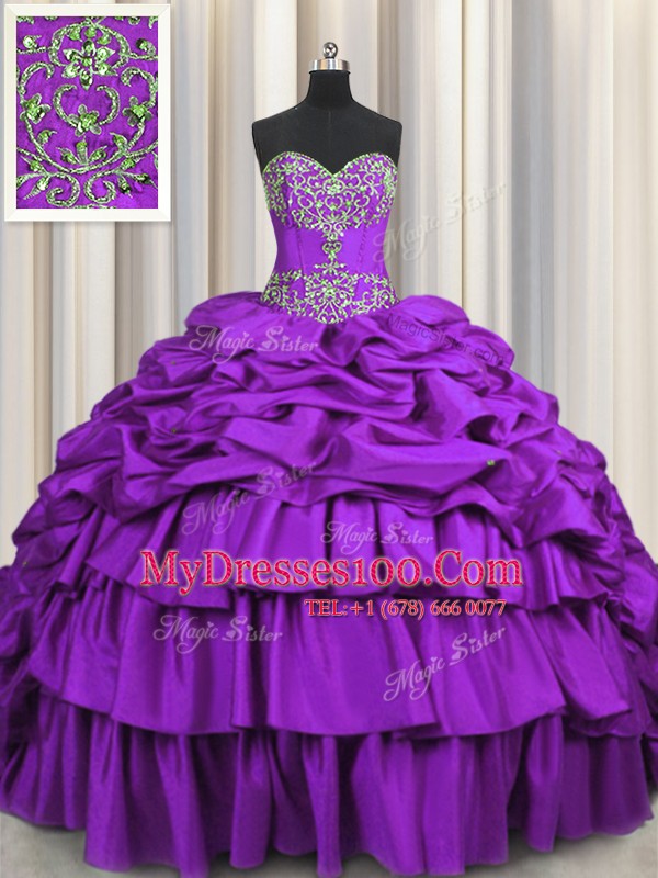 Exceptional Pick Ups Embroidery Brush Train Ball Gowns Vestidos de Quinceanera Purple Sweetheart Taffeta Sleeveless Lace Up