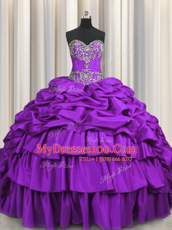 Exceptional Pick Ups Embroidery Brush Train Ball Gowns Vestidos de Quinceanera Purple Sweetheart Taffeta Sleeveless Lace Up