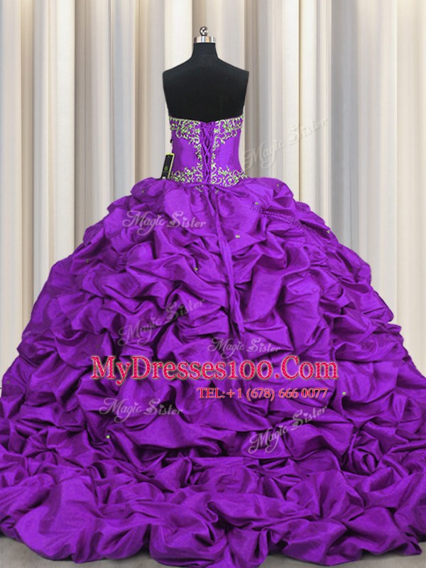 Exceptional Pick Ups Embroidery Brush Train Ball Gowns Vestidos de Quinceanera Purple Sweetheart Taffeta Sleeveless Lace Up