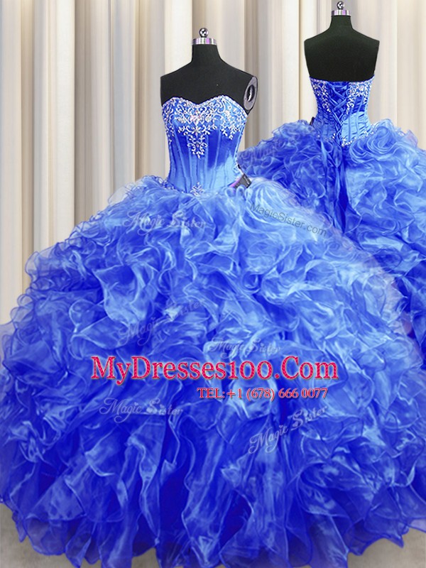 On Sale Royal Blue 15th Birthday Dress Military Ball and Sweet 16 and Quinceanera and For with Beading and Ruffles Sweetheart Sleeveless Sweep Train Lace Up